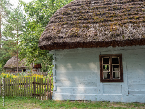 Radom, Poland - September 2021: Traditional wooden hut, Museum of the Radom Countryside