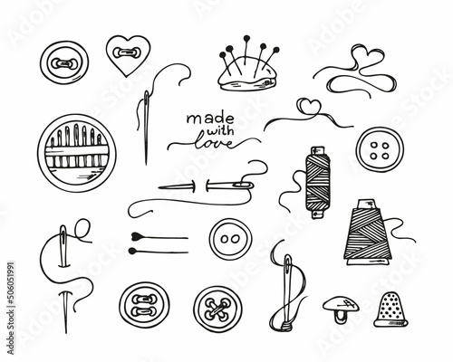 Knitting and crochet, a set of contour drawings, hand-drawn design elements. Vector sketch icon illustration
