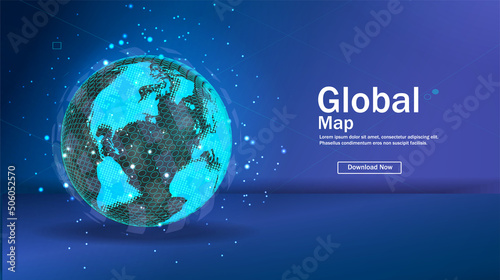 World map user interface. Mobile application for travel and tourism. Statistics by country. Global map of the world. Vector illustration 3d style. Blue futuristic background with planet Earth.