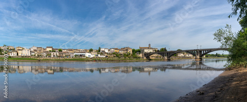 panorama view of the Dordogne River and old stone bridge leading to Bergerac