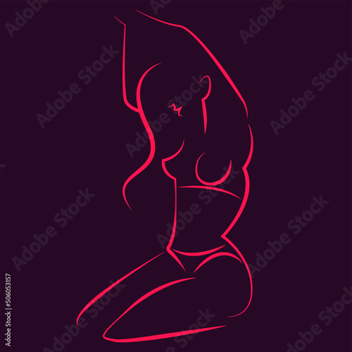 vector linear elegant image of a silhouette of a nude female figure in pink lines on a purple background. useful for advertising products for women, women's health, intimate hygiene, gynecology rooms