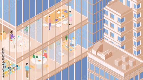 View of the office building and the city. Isometric cityscape, city view, city skyline. Vector illustration in flat design. People at work. Business. Women and men.