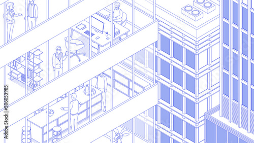 View of the office building and the city. Isometric cityscape, city view, city skyline. Vector illustration in flat design. Outlined, linear style, line art, editable stroke. People at work. Business.