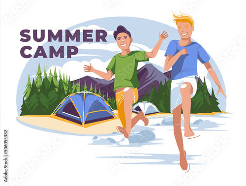 Two boys jump into a mountain lake against the backdrop of a tent forest camp. Children's summer camp banner. Flat vector illustration