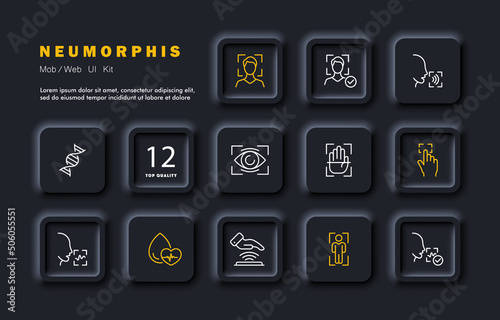 Biometric set icon. Pulse, face id, Speech recognition, fingerprint, identification, face recognition, scan. Authentication concept. Neomorphism style. Vector line icon for Business and Advertising