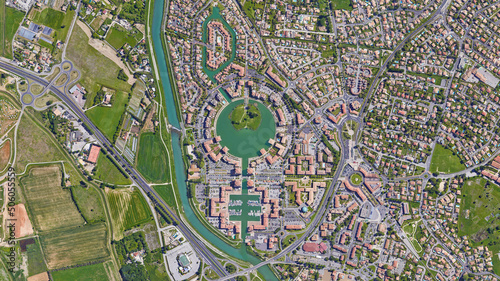 Port Ariane, Montpellier, circular layout and circular lake looking down aerial view from above – Bird’s eye view Port Ariane and marina, Montpellier, France