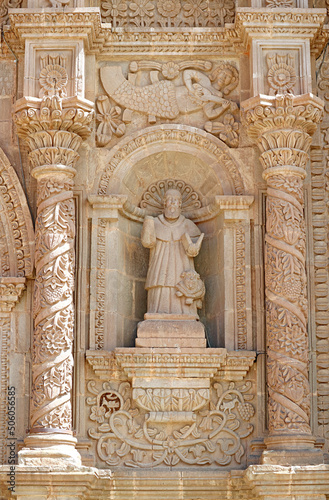 Ornate Detais of he Facade of Cathedral Basilica of Saint Charles Borromeo or Puno Cathedral, Puno, Peru, South America