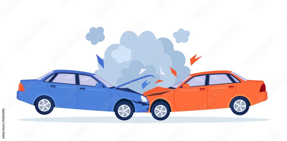 Car crash on the road. Red and blue cars are broken in the city. Road traffic accident. Smashed cars on highway. Collision of vehicles. Automobiles damaged. Vector design