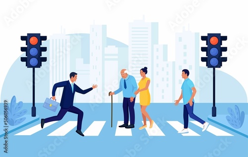Woman helping old man crossing city street. People walking on road crosswalk and hurry at work. Urban lifestyle and traffic concept. Pedestrians moving by road with traffic lights and crosswalk Vector
