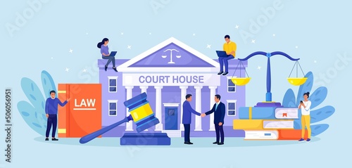 Law and justice concept. Justice scales, supreme court building and judge gavel. Crime courthouse advocate, lawyer consulting to client. Legal advice online, remote. Vector design