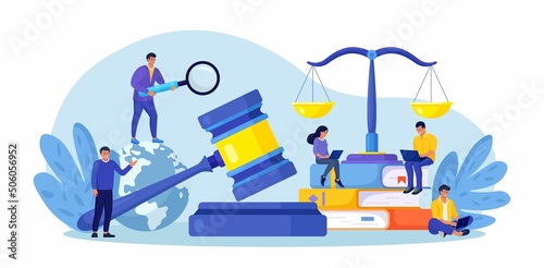 Law and Justice. Men discuss legal issues, people work on laptop near justice scales, judge gavel, wooden hammer. Supreme court. Lawyer consulting client. Legislation, civil regulation. Vector design photo