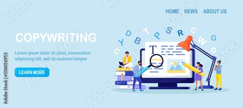 Blog authors writing articles, making valuable content. Freelance writers creating internet content. Copy writer workshop. Writing texts, creativity and promotion, seo marketing. Vector design