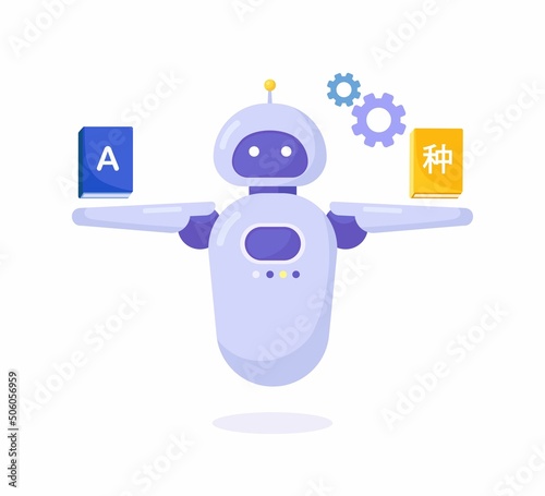 Chatbot Translator. Online translates your messages into another language. Bot holds book dictionaries. Artificial intelligence online support for translation document and reading books technology.