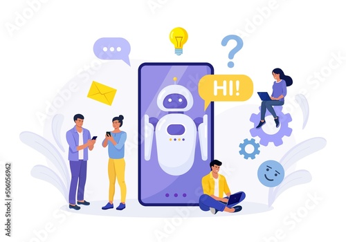 Tiny people chatting with chatbot application on phone screen. AI robot assistant, online customer support. Chat bot virtual assistant via messaging. Artificial intelligence and FAQ concept. Vector 