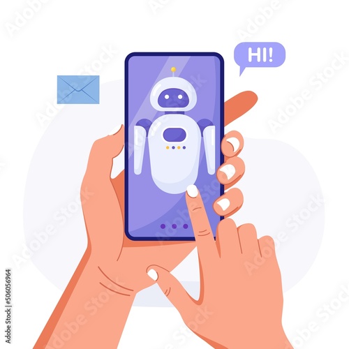 Chatbot artificial intelligence. Human hand holds phone with chat bot  application and customer service app. AI robot virtual assistant, online customer support. FAQ concept. Vector design
