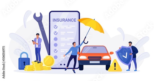 Car insurance policy form on phone screen. Insurance agent or salesman providing security document. People buying auto, leasing Protection, warranty of vehicle from accident, damage or collision