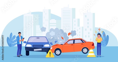 Fototapeta Naklejka Na Ścianę i Meble -  Upset drivers standing near crashed cars. Road traffic accident. Car crash on the road. Vehicle is broken in the city. Smashed auto on highway. Collision of vehicles, wreck. Automobile damaged