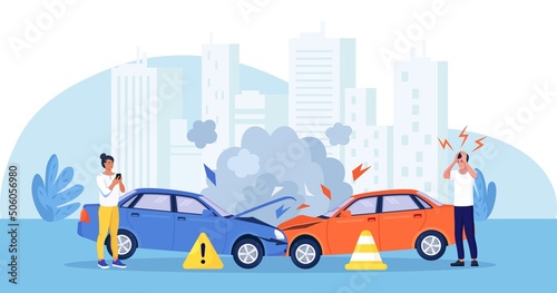 Fototapeta Naklejka Na Ścianę i Meble -  Upset drivers standing near crashed cars. Road traffic accident. Car crash on the road. Vehicle is broken in the city. Smashed auto on highway. Collision of vehicles, wreck. Automobile damaged. Vector