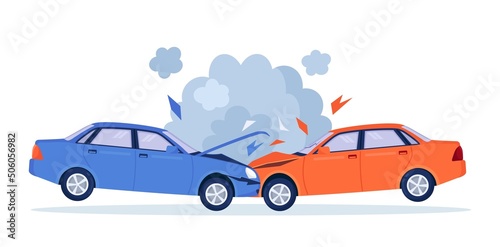 Fototapeta Naklejka Na Ścianę i Meble -  Car crash on the road. Red and blue cars are broken in the city. Road traffic accident. Smashed cars on highway. Collision of vehicles. Automobiles damaged. Vector design