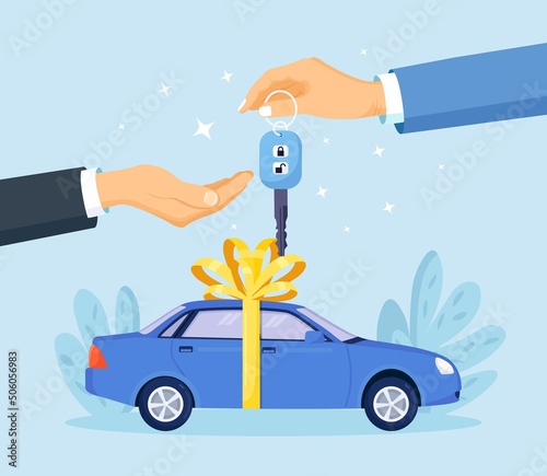 Buying or renting new or used car. Auto dealer giving key to buyer. Vehicle rental, sale or leasing concept. Vector design