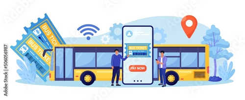 Internet service for book and buy bus ticket. Travel and tourism concept. Tourist planning trip online. Passengers buying tickets for bus in mobile app. Vector design