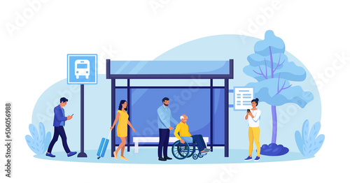 People waiting for autobus. City passengers with luggage waiting public transport at bus stop. Urban infrastructure. Students, senior man in wheelchair standing at station platform. Vector design