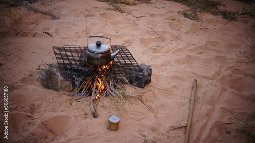 Bedouin kettle on fire in Wadi Rum desert