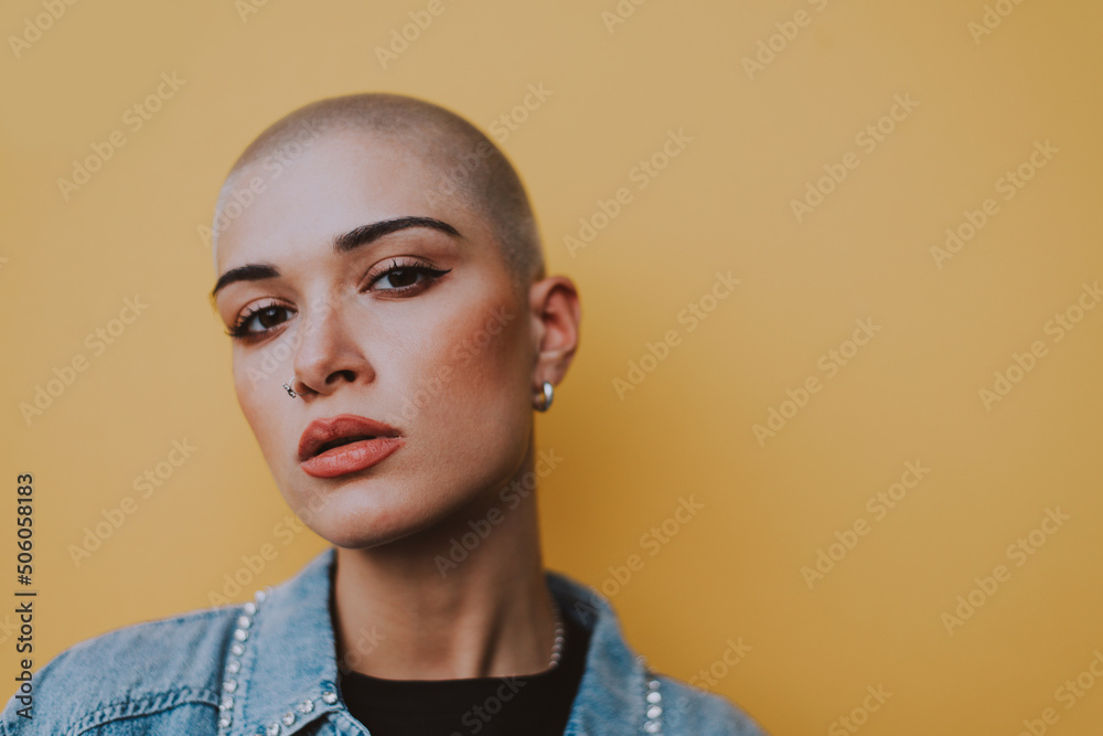 Image of a beautiful woman with bald shaved hair - obrazy, fototapety, plakaty 