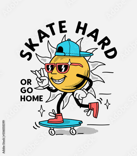 A cartoon sun character skateboarding. Vector design for t-shirt prints, posters and other uses.