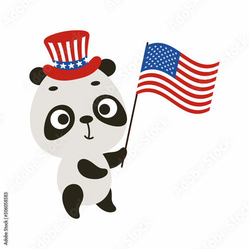 Cute little panda holding flag of United States in patriotic hat. Cartoon animal character for kids t-shirt, decoration, baby shower, greeting card, house interior. Vector stock illustration