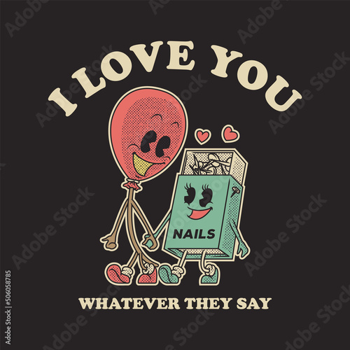 Cartoon emblem of balloon and nails box with retro style