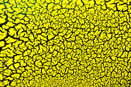 Cracked surface with yellow paint on black background, craquelure effect paint. Yellow texture of antique design in bright color.
