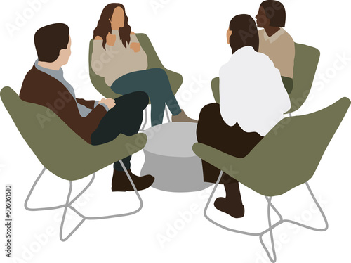Four office workers are sitting at the negotiating table on whole chairs