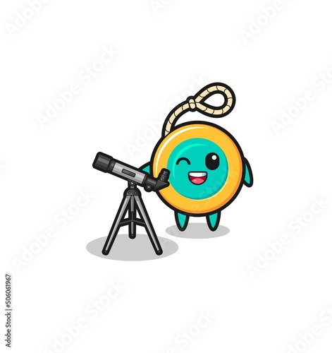 yoyo astronomer mascot with a modern telescope