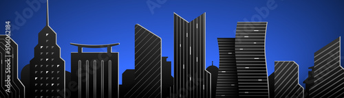 Black skyscrapers on a blue gradient background. Architectural web banner vector illustration.
