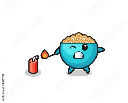 cereal bowl mascot illustration playing firecracker