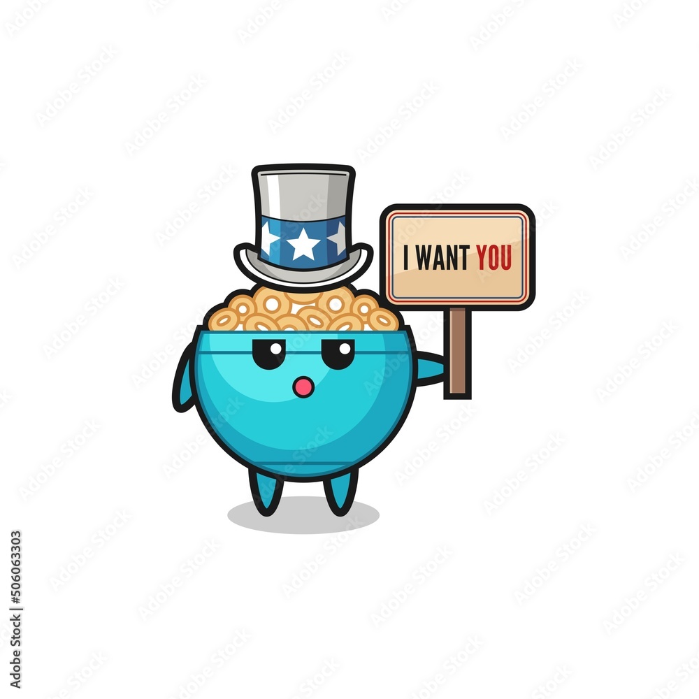 cereal bowl cartoon as uncle Sam holding the banner I want you cereal bowl cartoon as uncle Sam holding the banner I want you