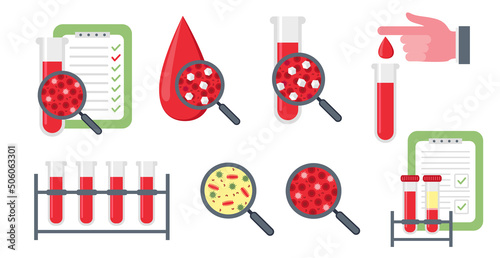 Blood tests. Hematology concept with red blood cell in test tube and magnifying glass, vector illustration in flat style