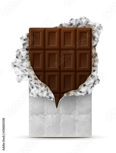 Dark chocolate bar isolated on white. Black chocolate wrapped in foil. Vector illustration about chocolate, food, confection, nutrients, dessert, diet, gastronomy, etc