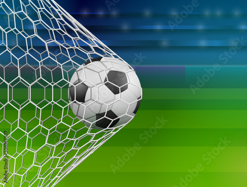 Soccer ball in goal net  side view. Goal moment of football match against stadium. Vector illustration for soccer  sport game  football  championship  gameplay  etc