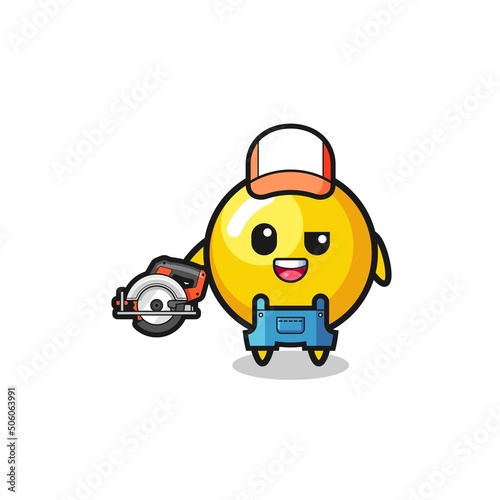 the woodworker egg yolk mascot holding a circular saw