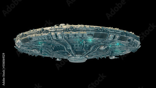 3d UFO Spaceship Hovering in the sky - Isolated Saucer UFO flying  version sci-fi UFO with glowing green light 3d render © HappyWhale