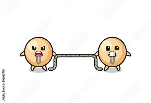 cute soy bean character is playing tug of war game