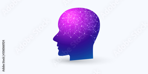 Abstract Machine Learning, Artificial Intelligence, Cloud Computing and Networks Design Concept with Human or Robot Silhouette and Polygonal Geometric Network Mesh Patterned Purple Head