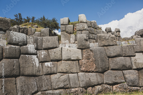 Sacsayhuaman fortress in Cusco, Peru. Stone wall background.