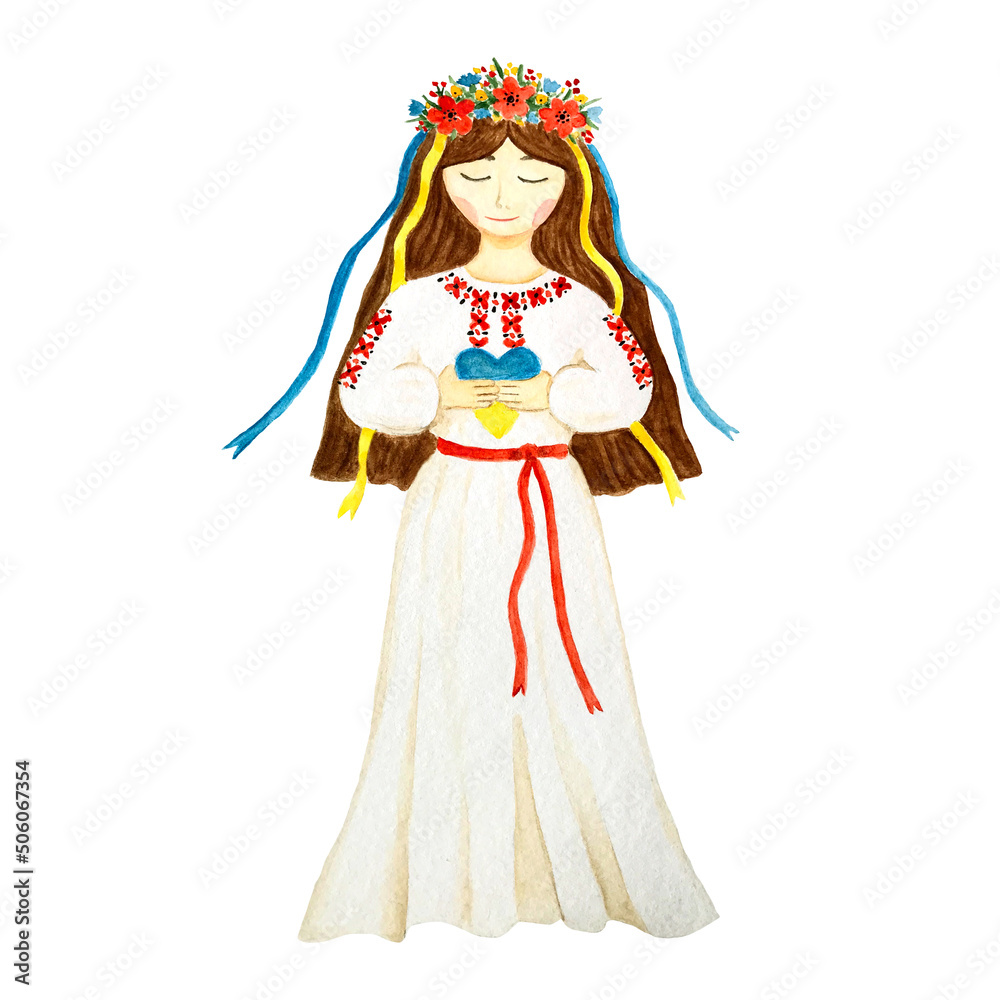Ukrainian girl  in traditional clothes with a heart in Ukrainian flag colors. Watercolor illustration.
