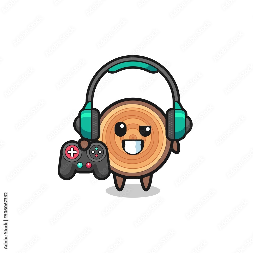 wood grain gamer mascot holding a game controller wood grain gamer mascot holding a game controller