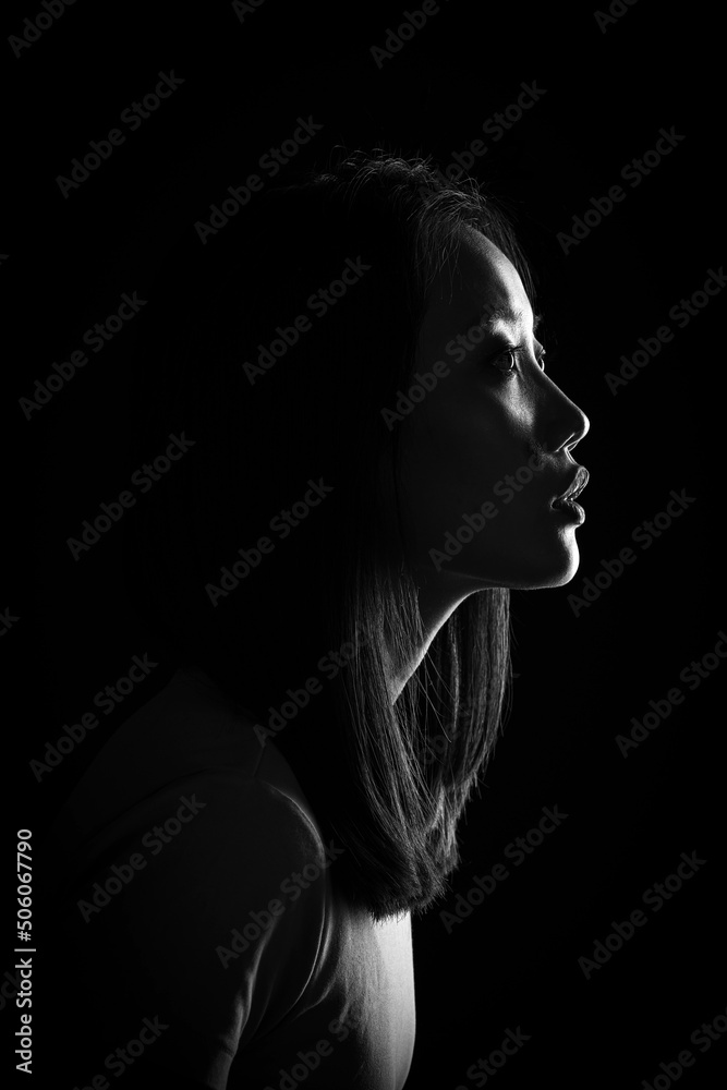 Silhouette of an Asian girl. Portrait of a woman on a dark background Silhouette of an Asian girl. Portrait of a woman on a dark background