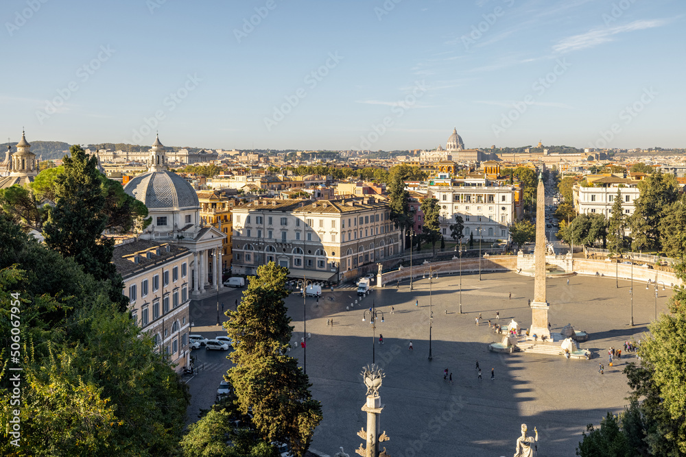Cityscape of Rome city on a sunny morning. Top view on Piazza del Popolo from Borghese park. Skyline of italian city