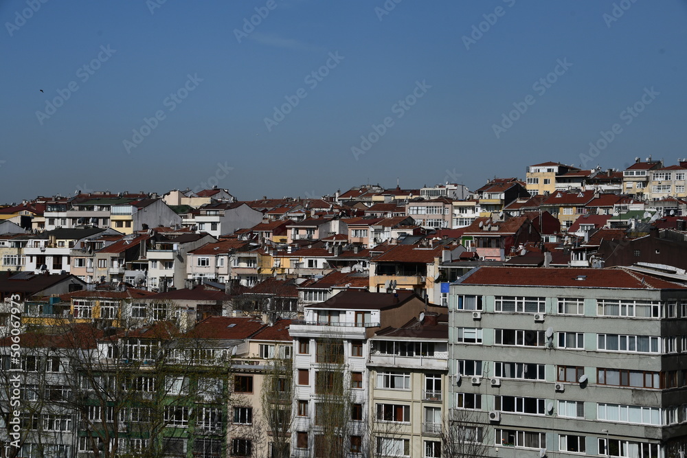 Panoramic view of the beautiful residential buildings of Istanbul. In the city before the rain. April 11, 2022. Istanbul, Turkey.